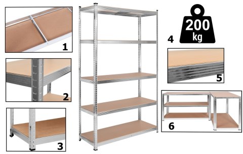 Regał stalowy magazynowy 200kg 5 poziomów 205x120x45 cm ocynkowany