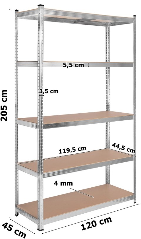 Regał stalowy magazynowy 200kg 5 poziomów 205x120x45 cm ocynkowany
