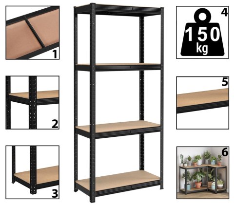 Regał magazynowy 4 poziomy 174x80x40 150 kg czarny