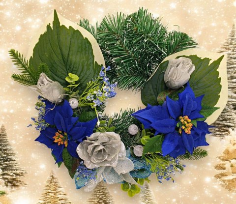 NOWOCZESNY STROIK WIANEK ŚWIĄTECZNY LED NIEBIESKI NA STÓŁ WIGILIJNY 40cm