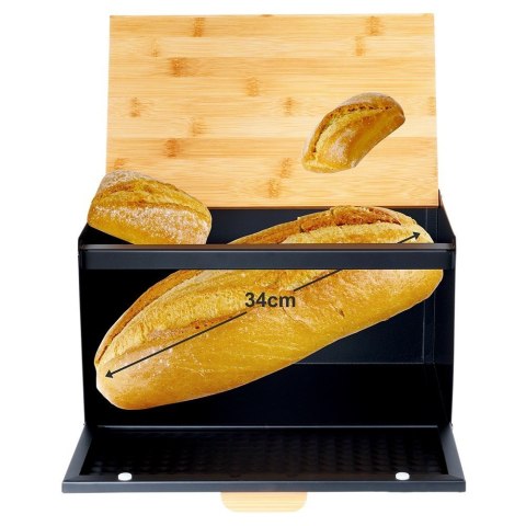 Chlebak metalowy pojemnik na chleb pieczywo drewniany czarny podwójna pokrywa 35.5x22x20.5cm VILDE 259619