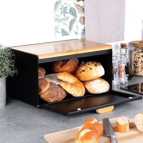 Chlebak metalowy pojemnik na chleb pieczywo drewniany czarny podwójna pokrywa 35.5x22x20.5cm VILDE 259619