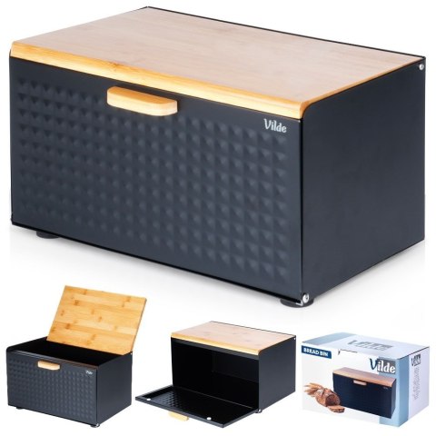 Chlebak metalowy pojemnik na chleb pieczywo drewniany czarny podwójna pokrywa 35.5x22x20.5cm VILDE 259619
