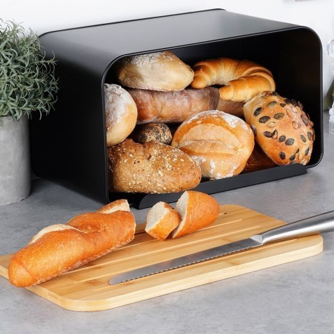 Chlebak metalowy pojemnik na chleb pieczywo z deską bambusową czarny 35x22x20.5cm VILDE 259613