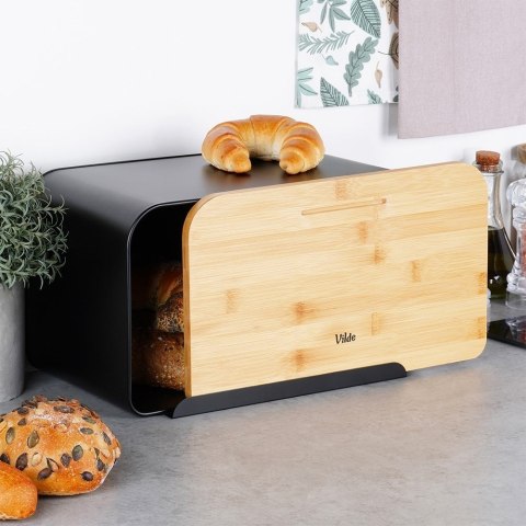 Chlebak metalowy pojemnik na chleb pieczywo z deską bambusową czarny 35x22x20.5cm VILDE 259613