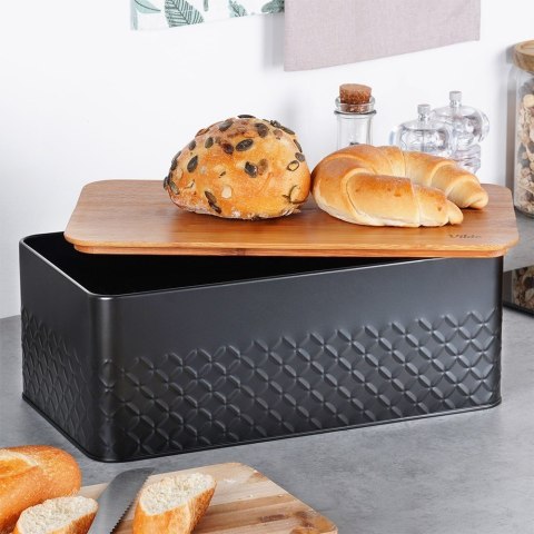 Chlebak metalowy pojemnik na chleb pieczywo z deską drewnianą czarny 33.5x18.5x12.5cm VILDE 259623