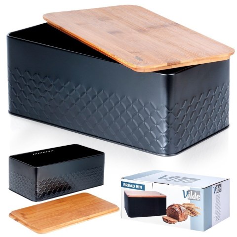 Chlebak metalowy pojemnik na chleb pieczywo z deską drewnianą czarny 33.5x18.5x12.5cm VILDE 259623