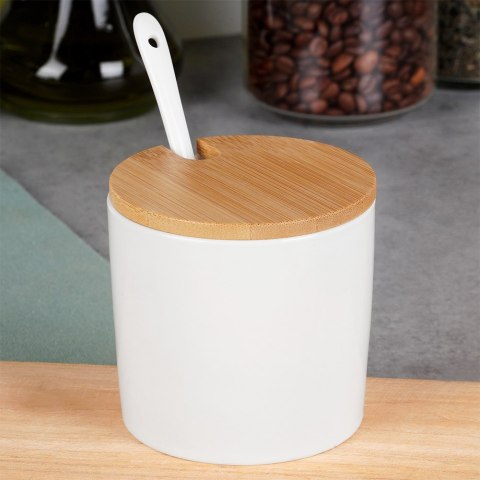 CUKIERNICZKA CERAMICZNA Z ŁYŻECZKĄ BIAŁA OKRĄGŁA CUKIERNICA POJEMNIK NA CUKIER 250ML VILDE 139682