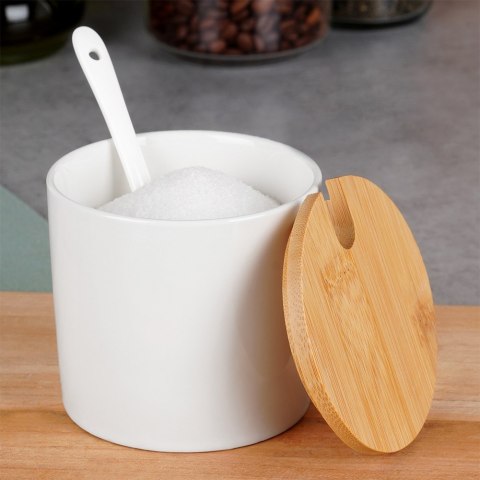 CUKIERNICZKA CERAMICZNA Z ŁYŻECZKĄ BIAŁA OKRĄGŁA CUKIERNICA POJEMNIK NA CUKIER 250ML VILDE 139682