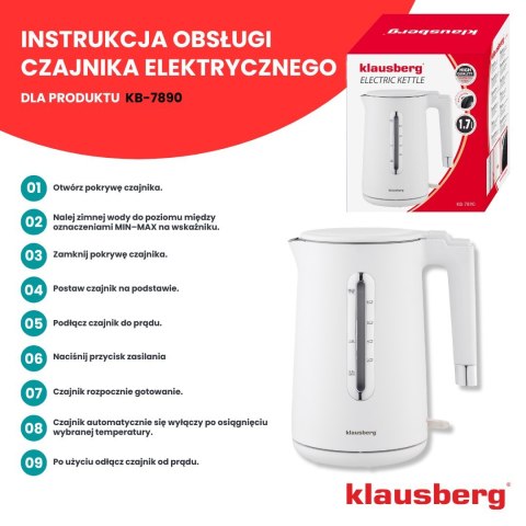 CZAJNIK ELEKTRYCZNY BEZPRZEWODOWY 1.7L BIAŁY KLAUSBERG KB-7890