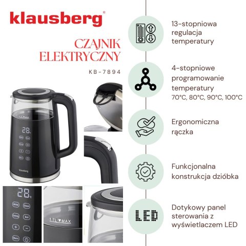 CZAJNIK ELEKTRYCZNY Z REGULACJĄ TEMPERATURY 1.7L BEZPRZEWODOWY CZARNY KLAUSBERG KB-7894