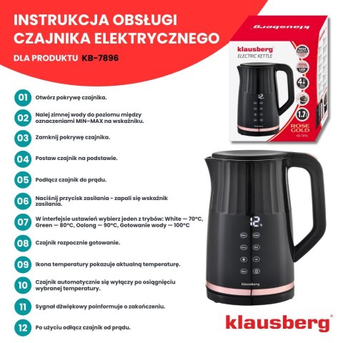 CZAJNIK ELEKTRYCZNY Z REGULACJĄ TEMPERATURY 1.7L BEZPRZEWODOWY CZARNY KLAUSBERG KB-7896