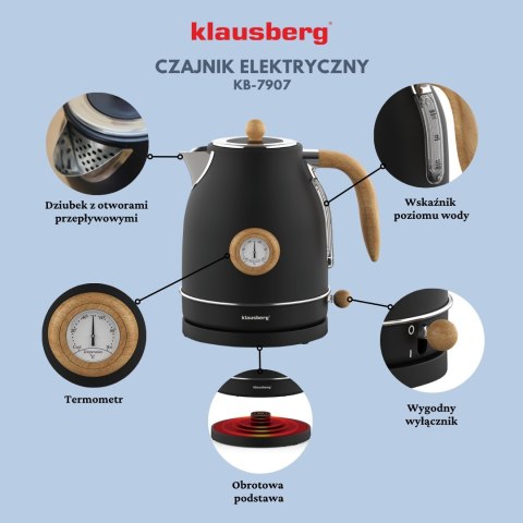 CZAJNIK ELEKTRYCZNY Z TERMOMETREM STAL NIERDZEWNA 1.7L 2200W KLAUSBERG KB-7907 CZARNY
