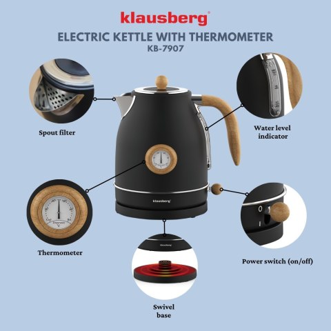 CZAJNIK ELEKTRYCZNY Z TERMOMETREM STAL NIERDZEWNA 1.7L 2200W KLAUSBERG KB-7907 CZARNY