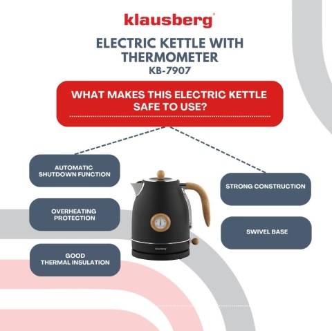 CZAJNIK ELEKTRYCZNY Z TERMOMETREM STAL NIERDZEWNA 1.7L 2200W KLAUSBERG KB-7907 CZARNY