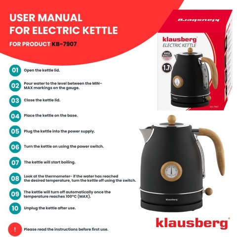 CZAJNIK ELEKTRYCZNY Z TERMOMETREM STAL NIERDZEWNA 1.7L 2200W KLAUSBERG KB-7907 CZARNY