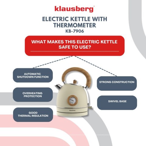 CZAJNIK ELEKTRYCZNY Z TERMOMETREM STAL NIERDZEWNA 1.8L 2200W KLAUSBERG KB-7905 BEŻOWY