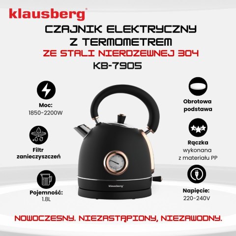 CZAJNIK ELEKTRYCZNY Z TERMOMETREM STAL NIERDZEWNA 1.8L 2200W KLAUSBERG KB-7905 CZARNY/ROSE GOLD