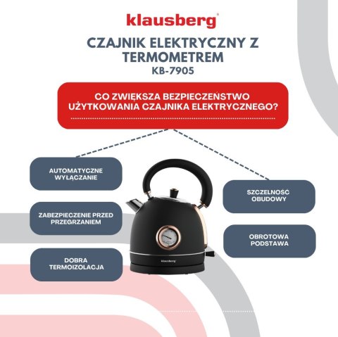 CZAJNIK ELEKTRYCZNY Z TERMOMETREM STAL NIERDZEWNA 1.8L 2200W KLAUSBERG KB-7905 CZARNY/ROSE GOLD