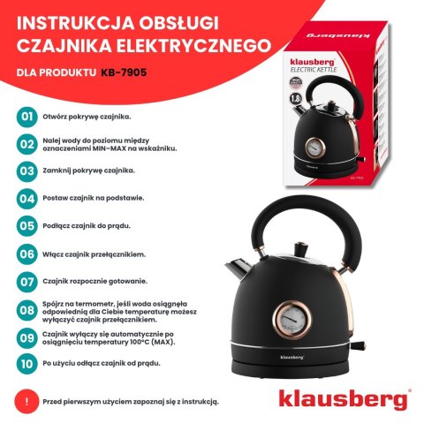 CZAJNIK ELEKTRYCZNY Z TERMOMETREM STAL NIERDZEWNA 1.8L 2200W KLAUSBERG KB-7905 CZARNY/ROSE GOLD