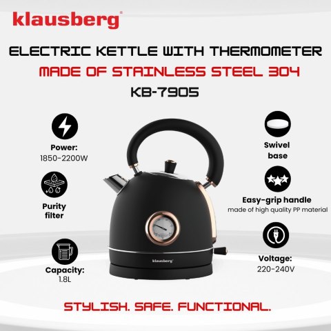 CZAJNIK ELEKTRYCZNY Z TERMOMETREM STAL NIERDZEWNA 1.8L 2200W KLAUSBERG KB-7905 CZARNY/ROSE GOLD