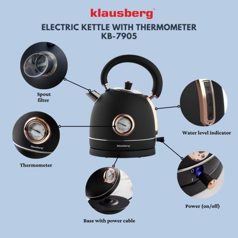 CZAJNIK ELEKTRYCZNY Z TERMOMETREM STAL NIERDZEWNA 1.8L 2200W KLAUSBERG KB-7905 CZARNY/ROSE GOLD
