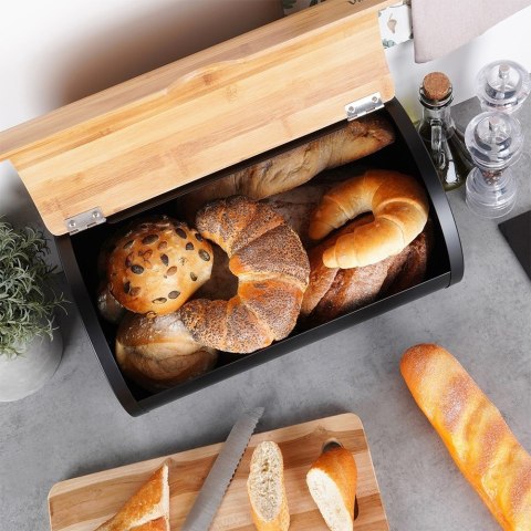 Chlebak stalowy pojemnik na pieczywo chleb bułki drewniany czarny 38x24x20cm VILDE 259625