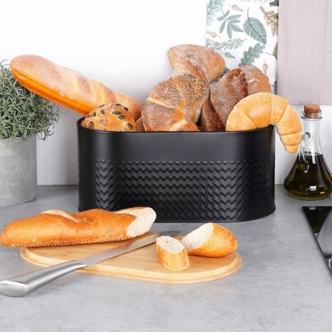 Chlebak stalowy pojemnik na pieczywo chleb bułki z deską drewnianą czarny 34x18.5x15.5cm VILDE 259624