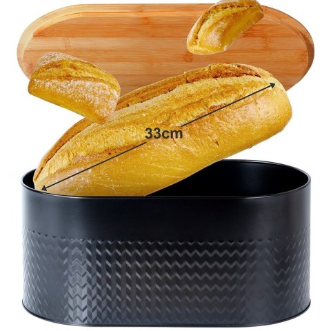 Chlebak stalowy pojemnik na pieczywo chleb bułki z deską drewnianą czarny 34x18.5x15.5cm VILDE 259624