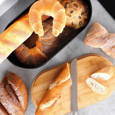 Chlebak stalowy pojemnik na pieczywo chleb bułki z deską drewnianą czarny 34x18.5x15.5cm VILDE 259624