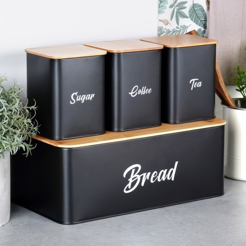 Chlebak z pojemnikami na herbatę kawę cukier metalowy czarny 4-ele VILDE 259627