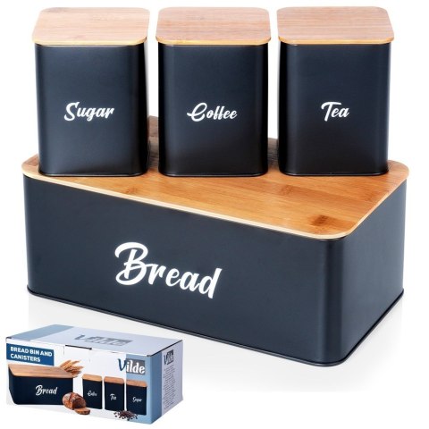 Chlebak z pojemnikami na herbatę kawę cukier metalowy czarny 4-ele VILDE 259627