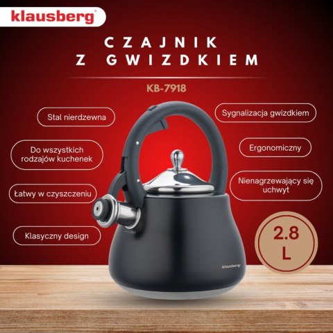 CZAJNIK STALOWY NA GAZ 2.8L INDUKCJA CZARNY MATOWY KLAUSBERG KB-7918