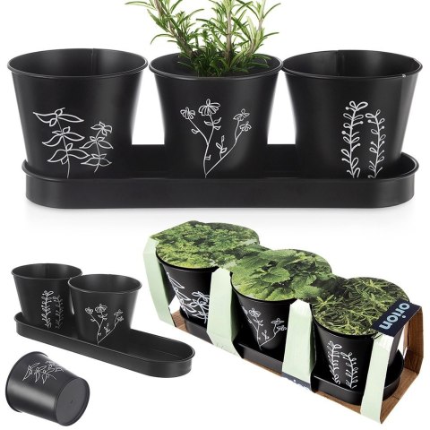 Doniczki na zioła na podstawce donice doniczka metalowa roślinny wzór BLACKLINE 4-ele ORION 310628