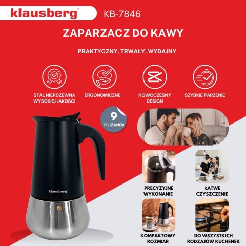 KAWIARKA ESPRESSO KAFETERKA CIŚNIENIOWA KLAUSBERG 450ML (9 FILIŻANKI) KB-7846