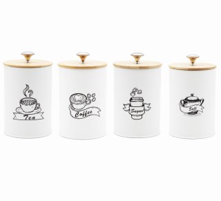 KOMPLET 4 POJEMNIKÓW KAWA HERBATA CUKIER SÓL 16X9,5CM BRUNBESTE BB-2674 (NAPISY ENG)