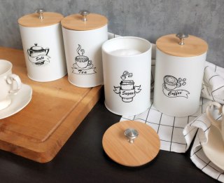 KOMPLET 4 POJEMNIKÓW KAWA HERBATA CUKIER SÓL 16X9,5CM BRUNBESTE BB-2674 (NAPISY ENG)