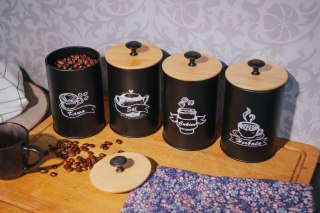 KOMPLET 4 POJEMNIKÓW KAWA HERBATA CUKIER SÓL 16X9,5CM BRUNBESTE BB-2681 (NAPISY PL)