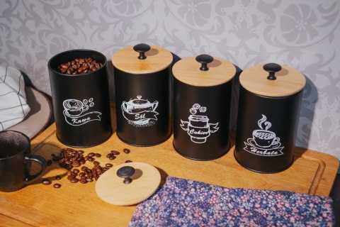 KOMPLET 4 POJEMNIKÓW KAWA HERBATA CUKIER SÓL 16X9,5CM BRUNBESTE BB-2681 (NAPISY PL)
