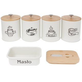 KOMPLET 5 POJEMNIKÓW KAWA HERBATA CUKIER SÓL + MASELNICZKA 15X11CM BRUNBESTE BB-2689 (NAPISY PL)