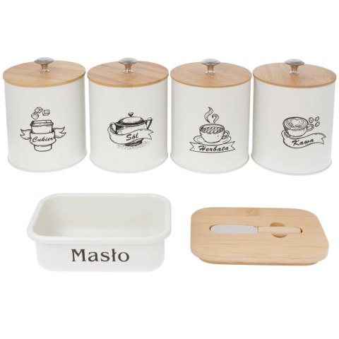 KOMPLET 5 POJEMNIKÓW KAWA HERBATA CUKIER SÓL + MASELNICZKA 15X11CM BRUNBESTE BB-2689 (NAPISY PL)