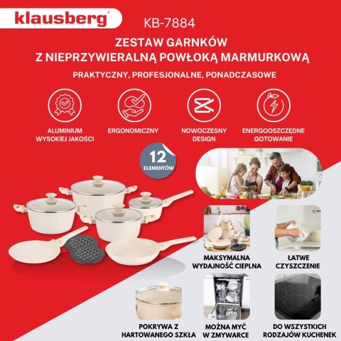 KOMPLET GARNKÓW Z MARMURKOWĄ POWŁOKĄ NIEPRZYWIERAJĄCĄ 12-ELE KLAUSBERG KB-7884