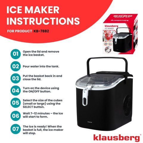 KOSTKARKA DO LODU AUTOMATYCZNA 1,2L 0.6KG 100W LED KLAUSBERG KB-7882