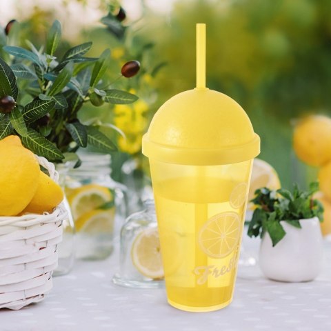 Kubek plastikowy z pokrywką i słomką 450 ml na lemoniadę żółty ORION 121785
