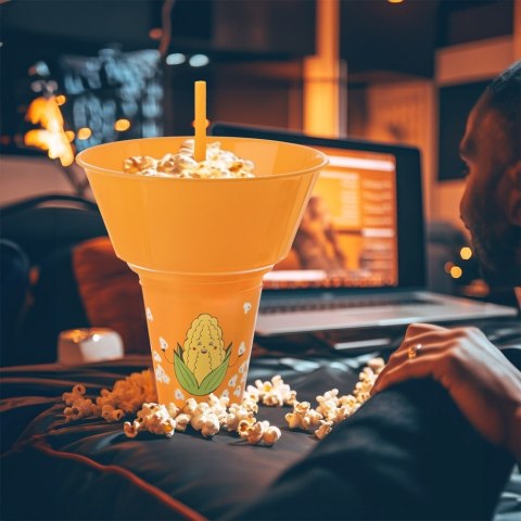Kubek ze słomką i miską na popcorn nachosy pomarańczowy 500ml ORION 121793