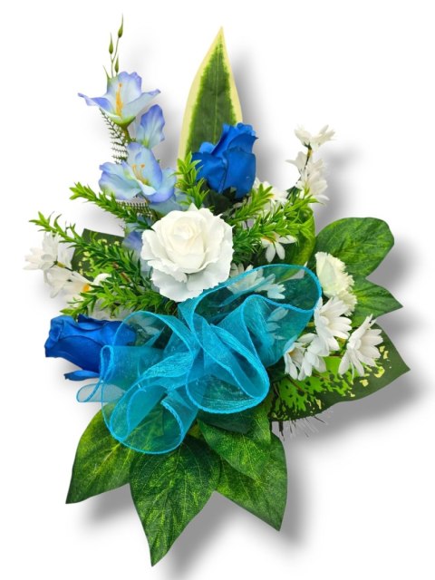 BIAŁO NIEBIESKI BUKIET WKŁAD DO WAZONU KWIATY NA CMENTARZ GRÓB POMNIK