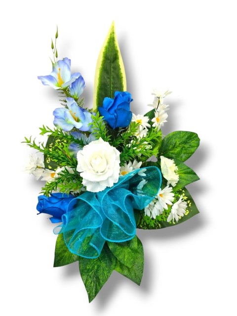 BIAŁO NIEBIESKI BUKIET WKŁAD DO WAZONU KWIATY NA CMENTARZ GRÓB POMNIK