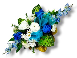 BIAŁO NIEBIESKI STROIK NA CMENTARZ KWIATY NA GRÓB POMNIK + OBCIĄŻENIE