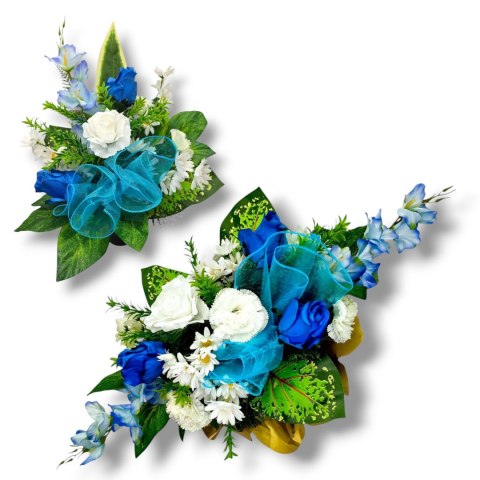 BIAŁO NIEBIESKI STROIK NA CMENTARZ KWIATY NA GRÓB POMNIK + OBCIĄŻENIE