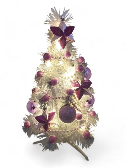 GOTOWA MAŁA CHOINKA BIAŁO RÓŻOWA UBRANA 40cm + ŚWIATEŁKA